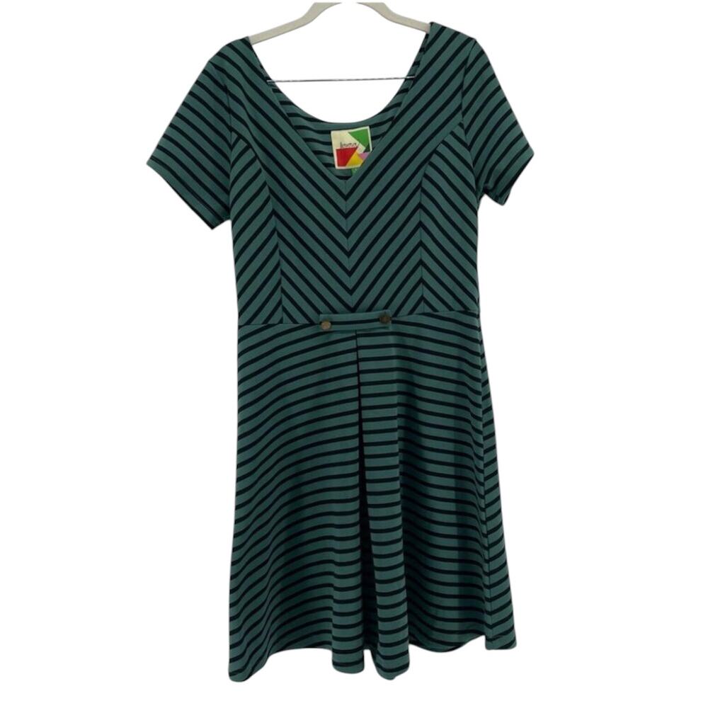 ModCloth Fervour Women Striped Dress Sz. Lrg Green EUC Retro Pinup Girl
